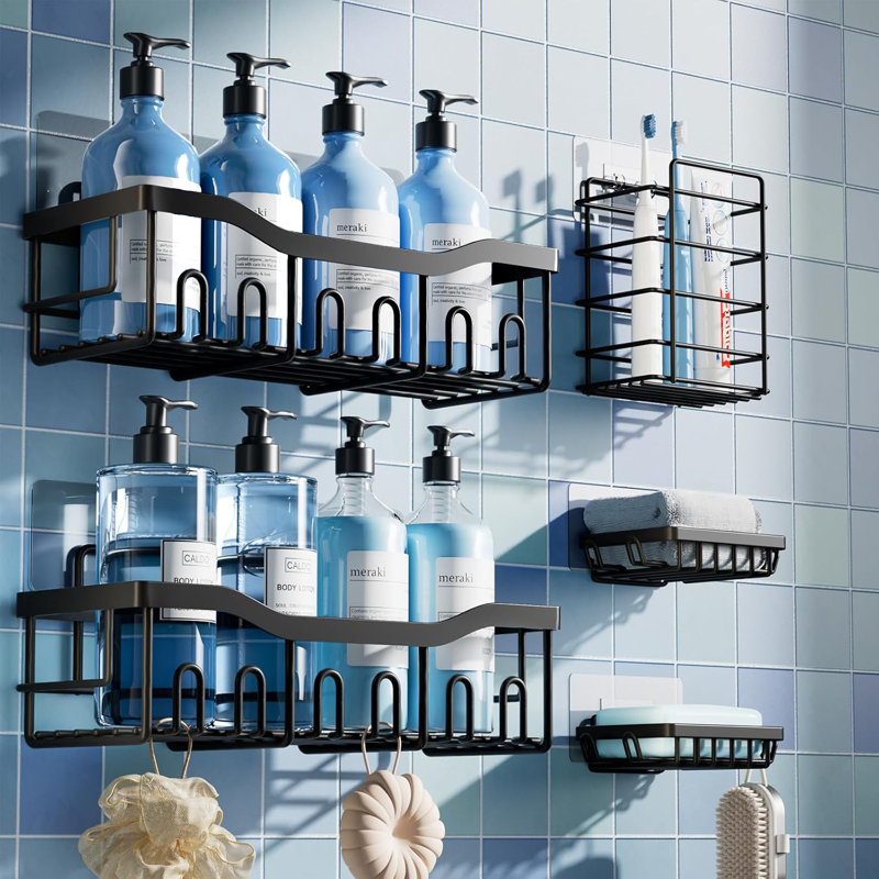 5-Piece Rust-Resistant Stainless Steel Shower Caddy Set - No Drilling Stick-On, Black