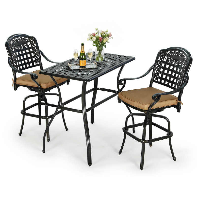  Ensemble de 3 tabourets de bar pivotants pour l'extérieur, ensemble de bistro de patio en aluminium coulé toutes saisons avec 2 chaises de bar rembourrées et une table de bar rectangulaire de 41,98 po x 23,98 po pour la terrasse, le jardin et la piscine
