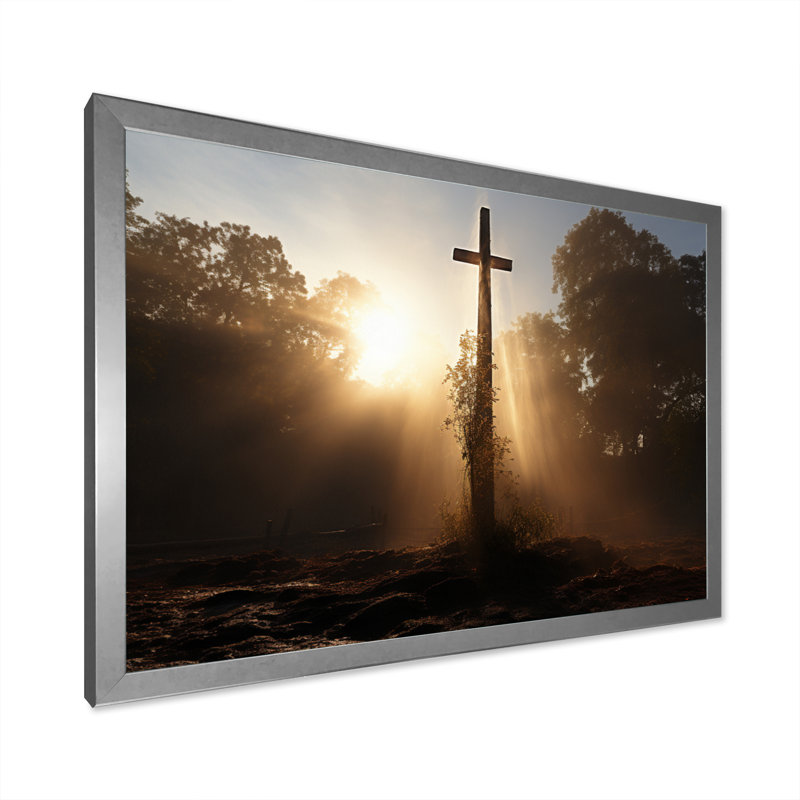 Croix religieuse, H 24 po x l 32 po x P 1 po, Cadre simple argenté