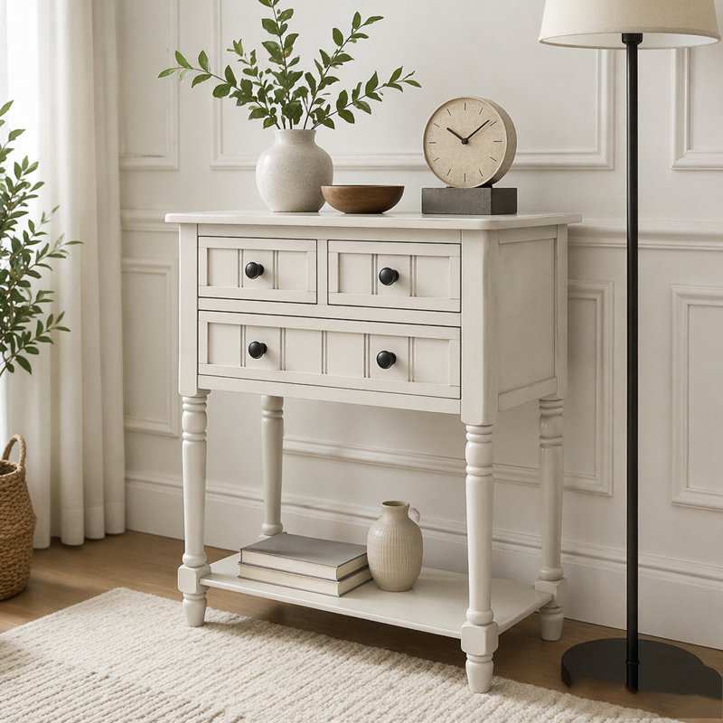 Console étroite avec trois tiroirs de rangement et une tablette inférieure, Ivoire blanc