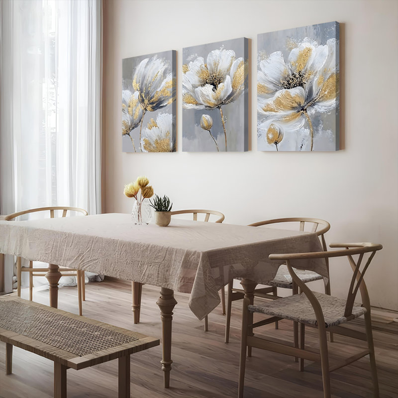 Tableau mural sur toile à motifs floraux à pétales dorés (paquet de 3), H 18 po x l 36 po