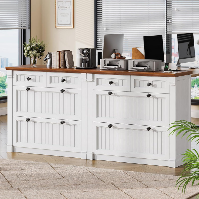 4 Drawers File Cabinet, 33" Farmhouse Filing Cabinets For Home Office, White/Brown