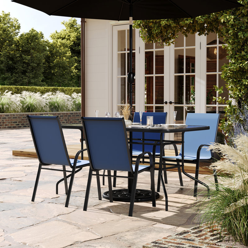 Elgin Patio Dining Set with Glass Table and Flex Stack Chairs, 4, Navy