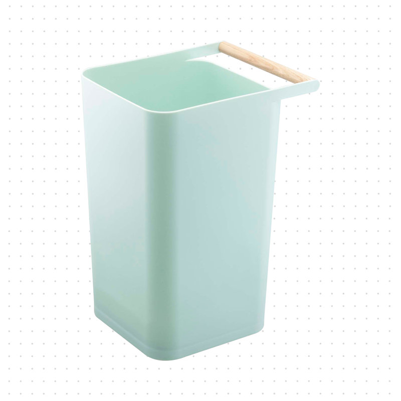 Slim Blue Plastic Trash Can with Wooden Handle, 2.5 Gallons