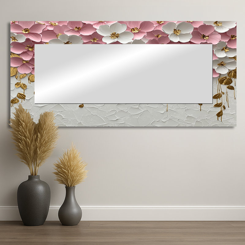 Pink Pastel Cream Of Wildflowers Field II - Floral Mirror Wall Art - Printed On Metal, 28" x 60"