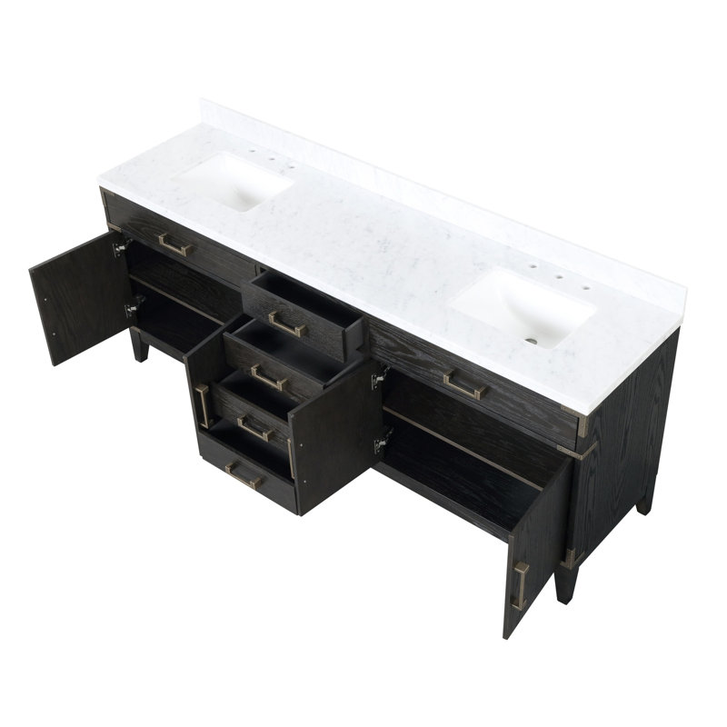 Meuble-lavabo 84 po x P 22 po en chêne noir - marbre, tiroir élégant et fonctionnel