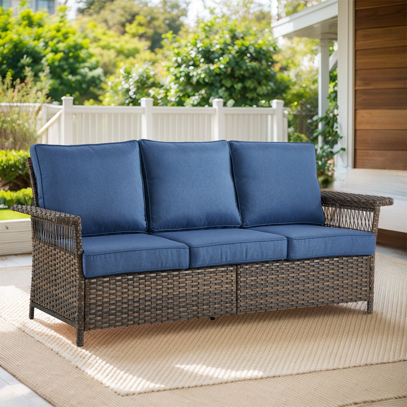 Canapé de patio d'extérieur en osier de 78 po avec coussins Myrella, Bleu