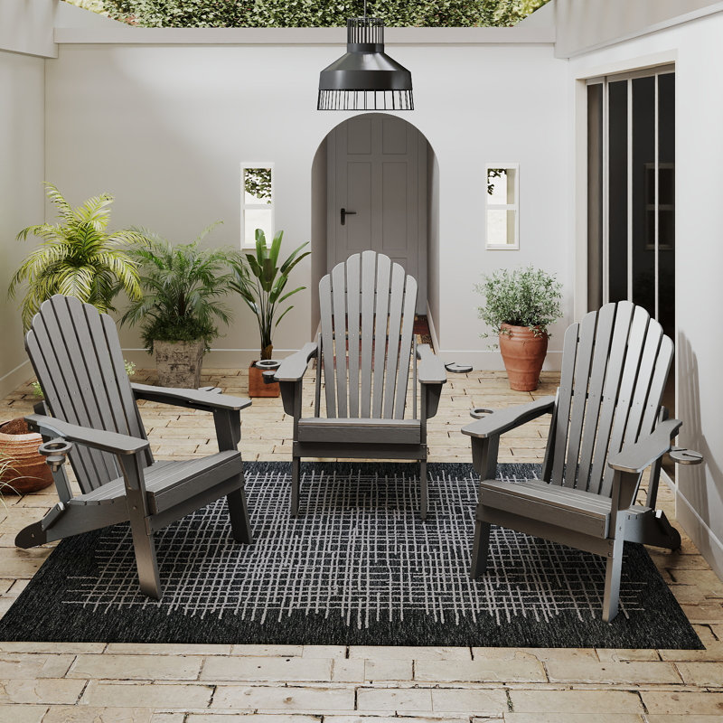 Ensemble de chaises pliantes 3 pièces Adirondack en PEHD avec porte-gobelets intégrés pour l'extérieur, Gris
