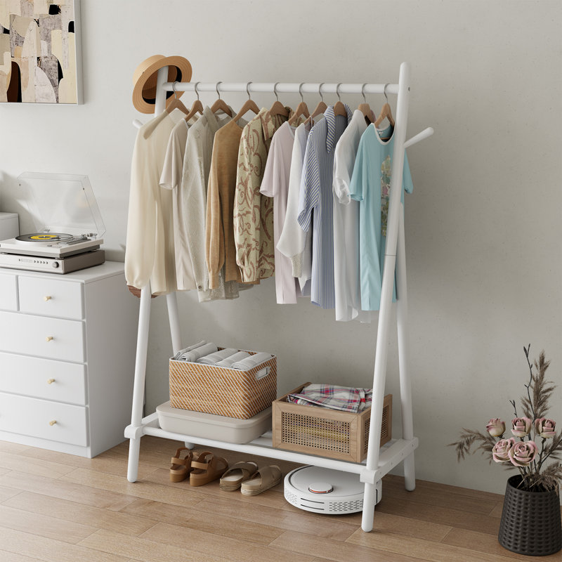 Portant à vêtements en bois massif, organisateur de vêtements autoportant avec tablette inférieure et crochets latéraux