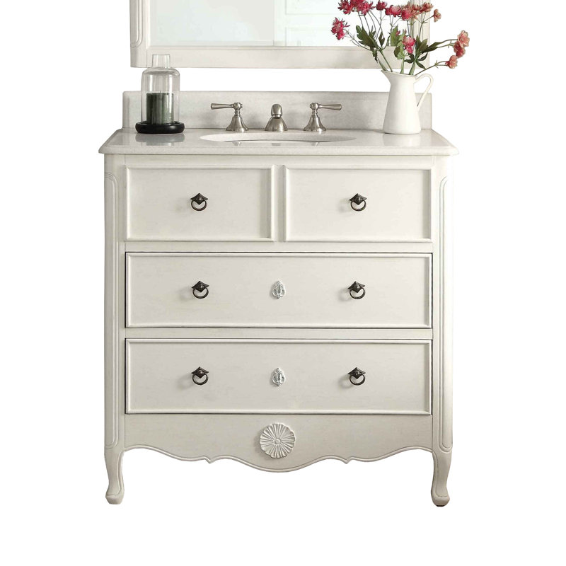Nallely 34'' Single Bathroom Vanity with Marble Top, Distressed Light Grey