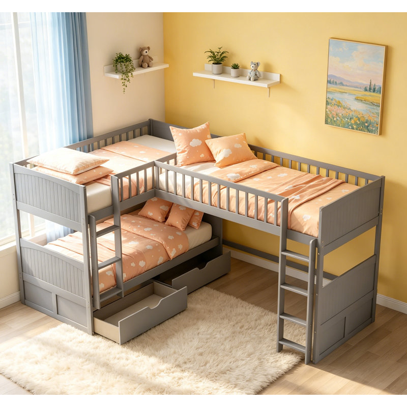 Lit simple superposé simple avec mezzanine attachée et deux tiroirs, gris, conception compacte et multifonctionnelle pour les chambres à coucher modernes