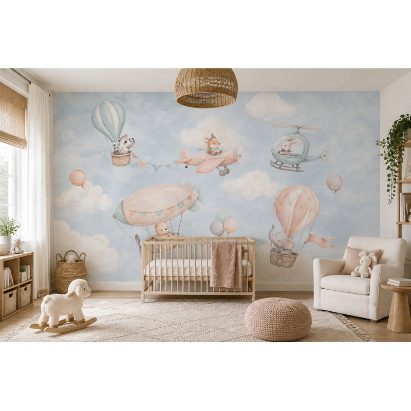 Papier peint aquarelle ciel en montgolfière pour chambre d'enfant, 200"x120", Peel and Stick