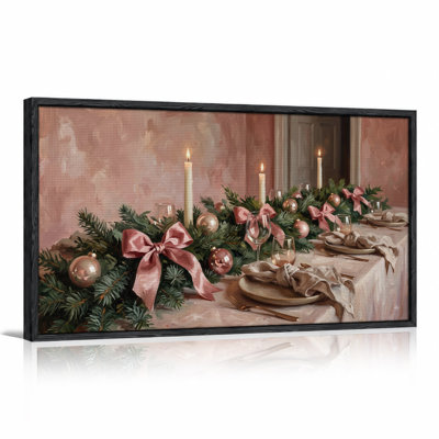 " Pink Ribboned Evergreen Garland on Dining Table Christmas " Painting
