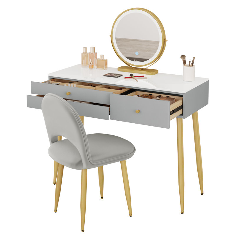 Etchemin Dressing Table with Mirror, Grey/Gold