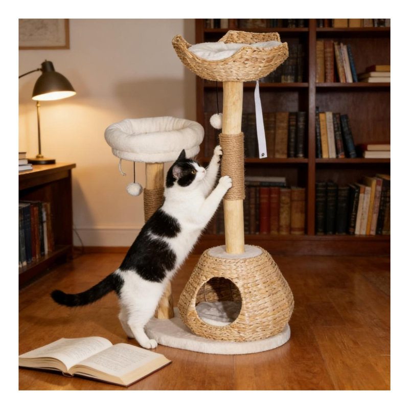 Arbre à chat blanc crème et bois naturel avec poteaux à griffer en jute et perchoirs moelleux