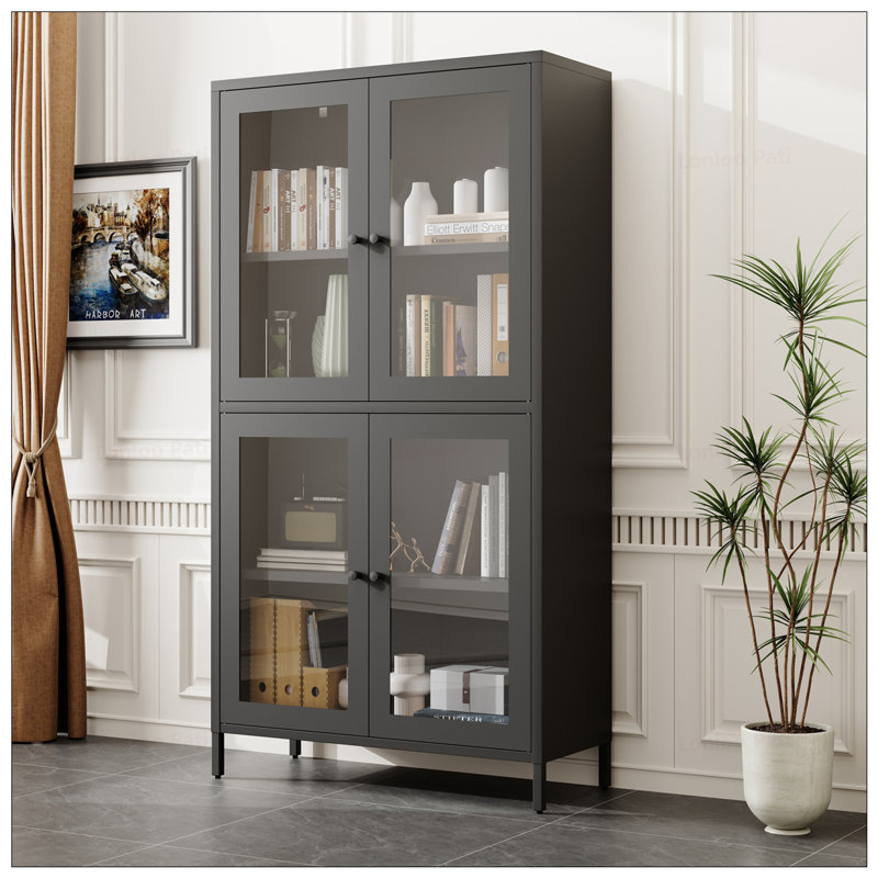 Bibliothèque en métal avec 4 portes en verre et 4 tablettes