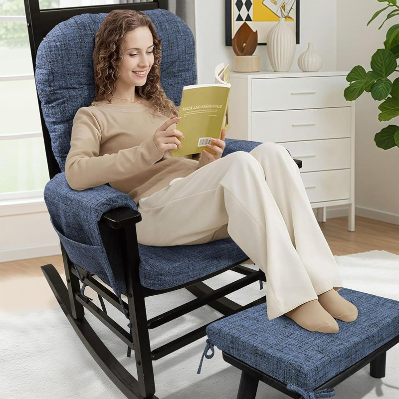 Glider Rocker Cushion Set (5 Pcs), Soft Blended Fabric High-density Support Foam Seat Cushions With Ties, Fits Rocking Chair/nursery Glider & Ottoman, Blue