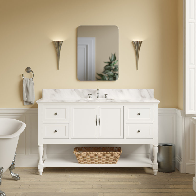 60'' Single Bathroom Vanity with Top, White, Carrara Marble