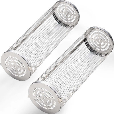 Rolling Grilling Basket 2 Pack, Round Stainless Steel Grill Mesh for BBQ, Vegetables, Fish, Medium & Large