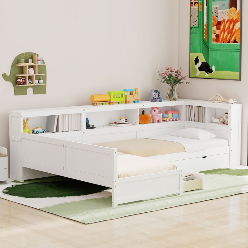 Lit plateforme simple en bois avec lit gigogne et tiroir en bois L, Blanc