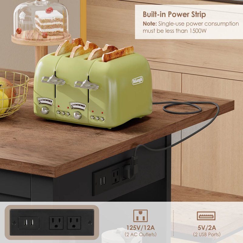 🍽️ 47.2”W Extendable Farmhouse Sideboard with Drop-Leaf & Power Outlets | Mobile Serving Cart & Storage Cabinet, Black