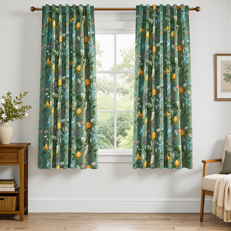 Fancy Hummingbird Patterned  Room Darkening Curtain,Rod Pocket Back Tab Floral Drapes,Set of 2, 52" W x 63" L, Sage Green