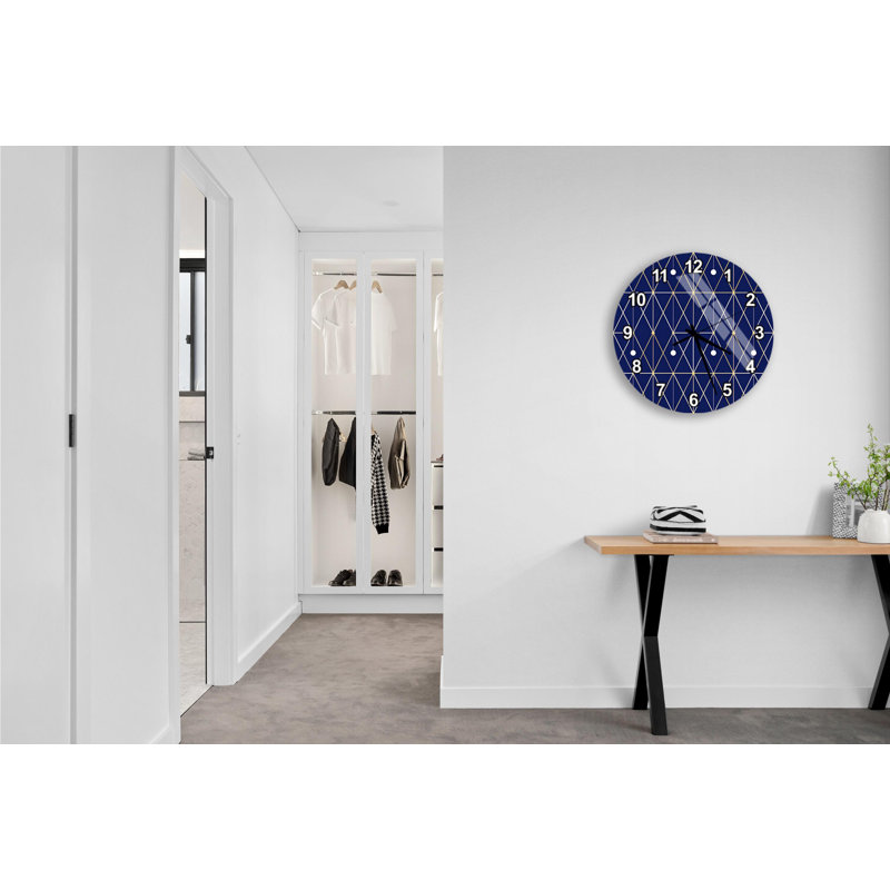 Horloge murale en verre trempé géométrique bleu et doré, horloge d'art moderne, grande horloge murale, décor unique, horloge élégante