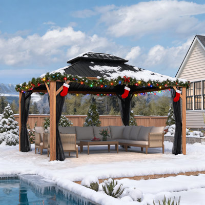 PURPLE LEAF 12' X 14' Outdoor Hardtop Gazebo for Patio Galvanized Steel Double Roof Permanent Canopy Teak Finish Coated Aluminum Frame Pavilion Gazebo with Netting and Lights
