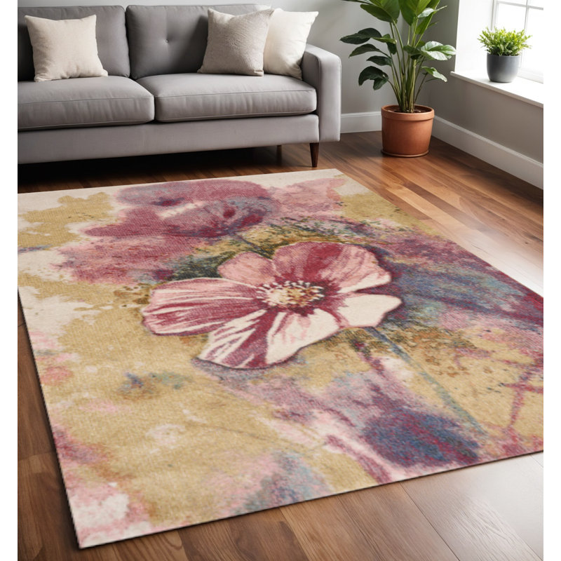 Tapis floral jaune et rose 5 pi x 8 pi