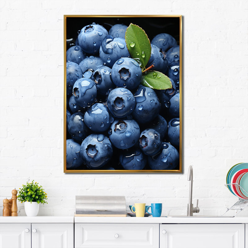 «Fruit Plump Blueberry Pointillism», reproduction d'art sur toile, H 32 po x l 24 po x P 1 po, Encadrement doré