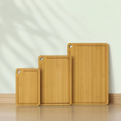 Ensemble-cadeau de cuisine pour planche à découper en bambou double face (3 pièces) avec canal de drainage, pré-enduit avec de l'huile naturelle, convient pour couper les aliments crus et cuits, y compris la viande, les fruits, les légumes et le fromage.