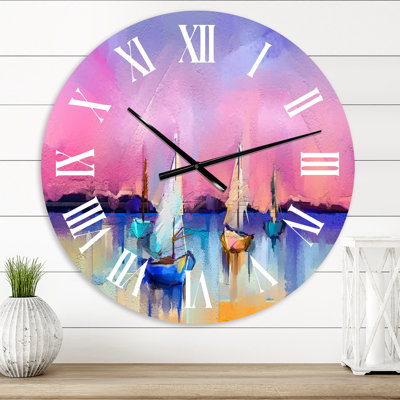 Petits vaisseaux sur un ciel marin rose - horloge murale moderne