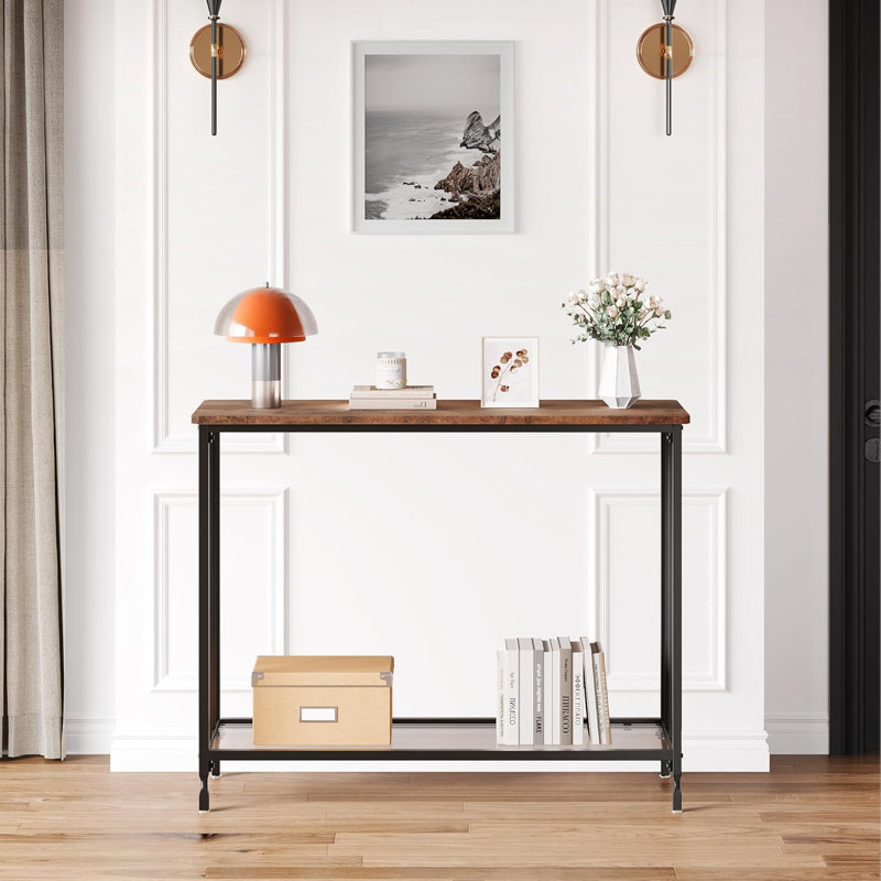 Console, table de canapé derrière, table de couloir industrielle avec tablette en verre et structure en métal