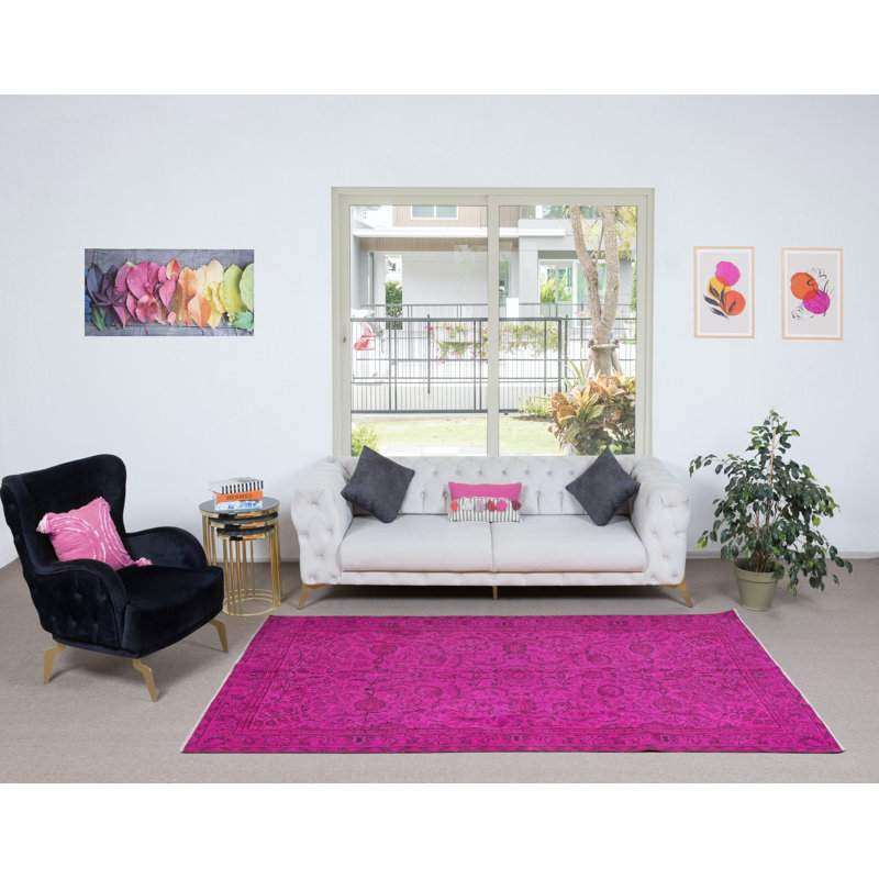 Tapis rose vif moderne fait à la main avec motif floral 5,3 x 8,7 pi