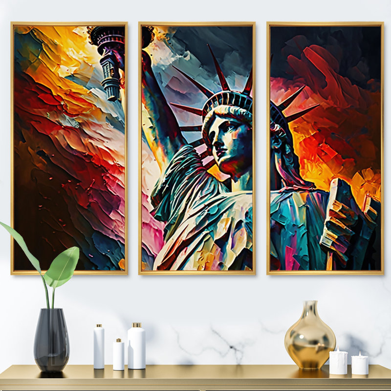 New York Views At Sunset II, reproduction sur toile 3 pièces, Cadre flottant doré, H 32 po x l 48 po x P 1 po