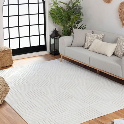 White Modern Outdoor Rug, Geometric Stain Resistant Easy to Clean Rug For Patio, Balcony, & Garden