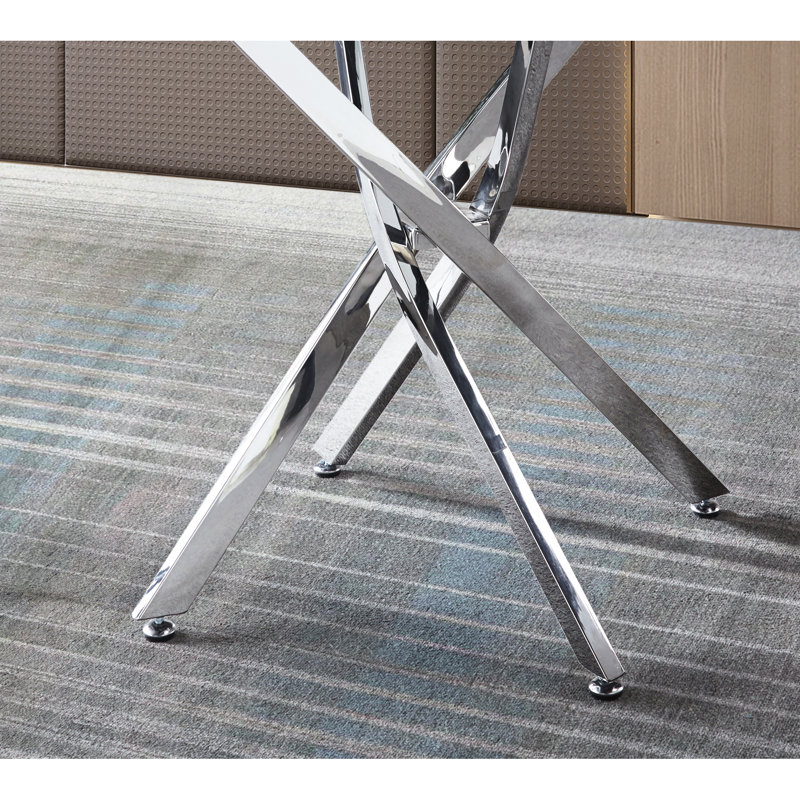 Table de salle à manger ronde en verre trempé transparent avec pieds et supports à finition argent angulaire, diamètre de 36 pouces, conception équilibrée de durabilité à long terme, 30,1 de haut, utilisation durable