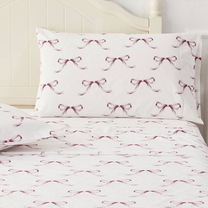 Bows Printed Cotton Percale Sheet Set, Queen Sheet Set with 2 Pillowcases, Pink