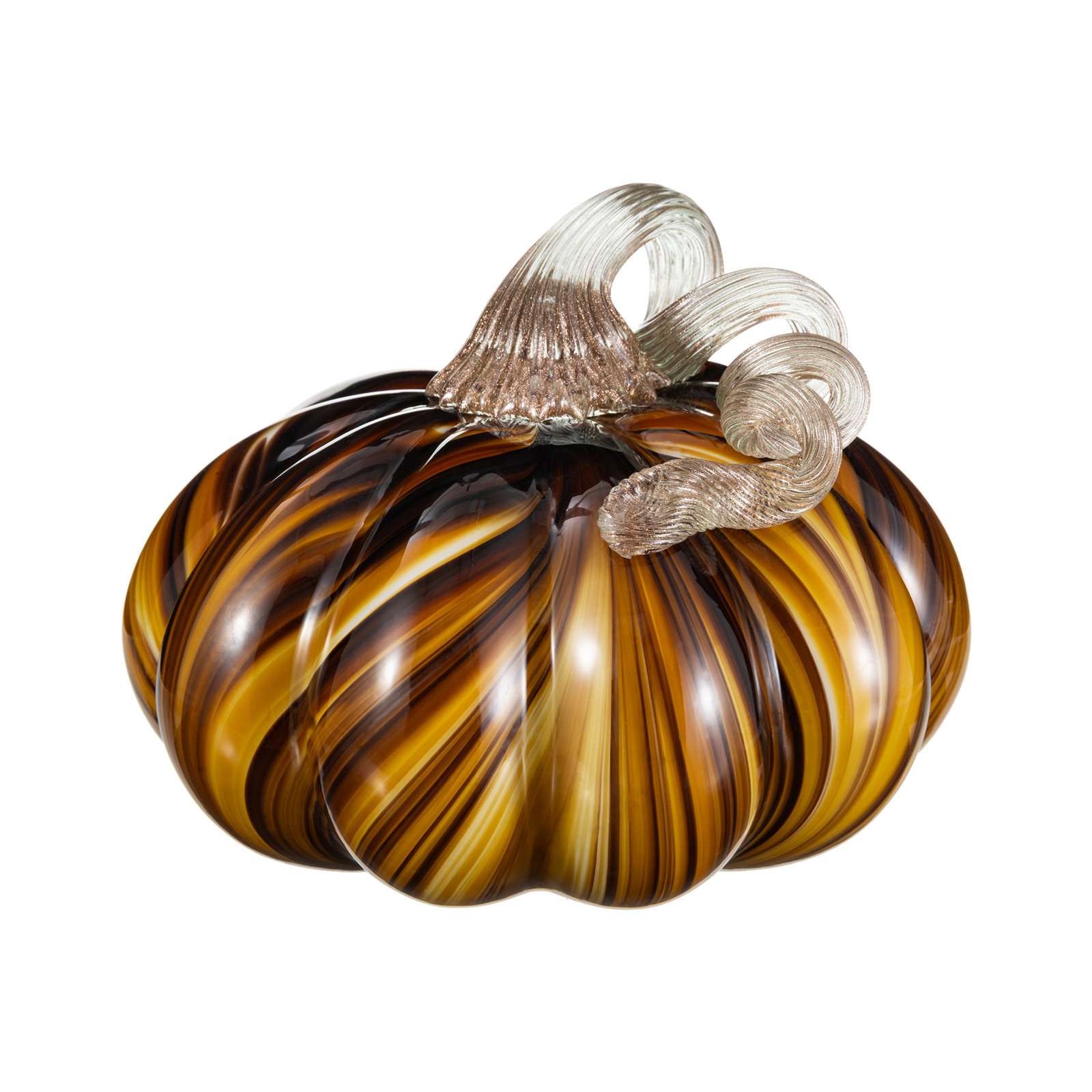 5.75"D X 4.75"H Multi Brown Striped Glass Pumpkin, Brown