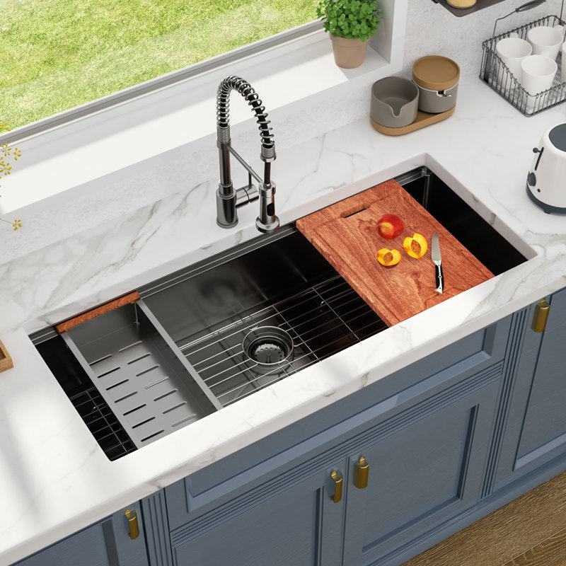 45" L X 19" W Undermount Kitchen Sink 16 Gauge Stainless Steel Kitchen Sink Large Single Bowl Sink, GunMetal Black