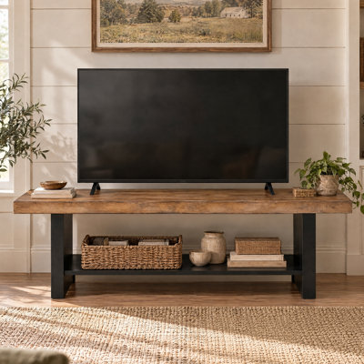 Meuble télé 55 po pour téléviseur de 70 po ou moins, meuble télé en bois massif avec rangement ouvert à 2 niveaux, brun rustique et noir