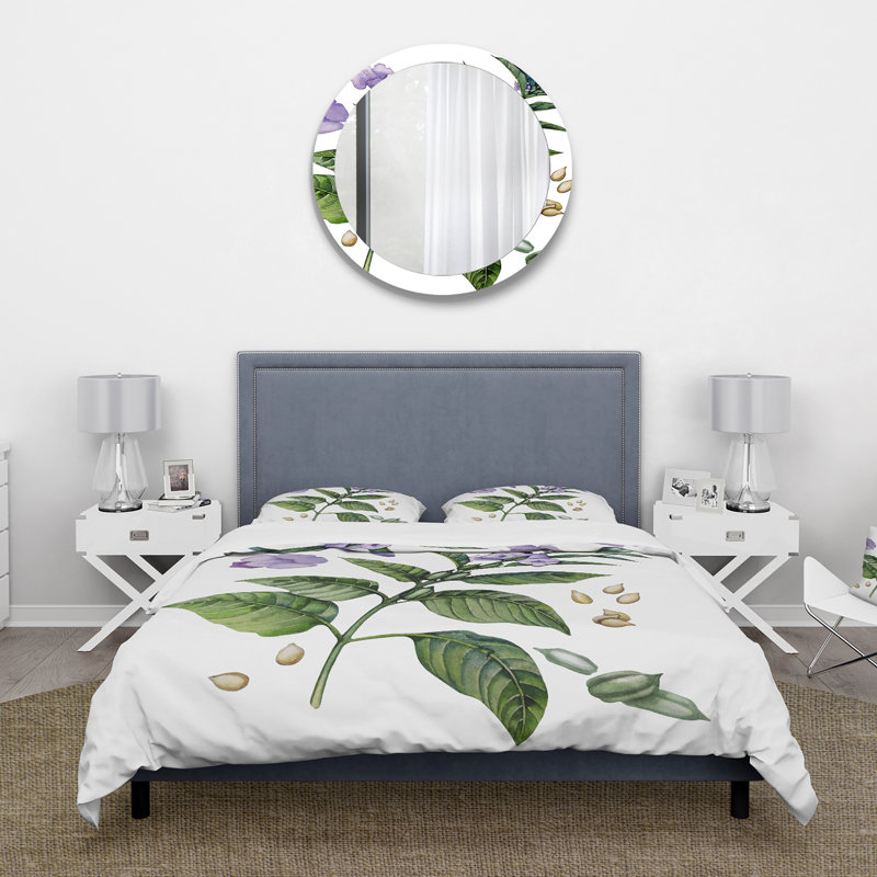 Fleurs de sésame mauves avec feuilles vertes - ensemble de housse de couette traditionnel - microfibre de polyester