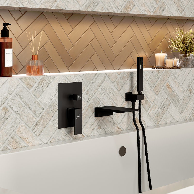 Doux Wall Mounted Waterfall Tub Spout with Diverter and Handheld Shower Head, Matte Black