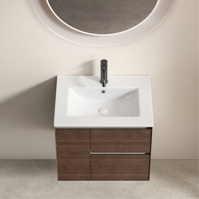 Lavabo vasque de salle de bain 24 po, comptoir de meuble-lavabo en céramique sans trop-plein, pratique pour ranger des objets personnels - blanc brillant