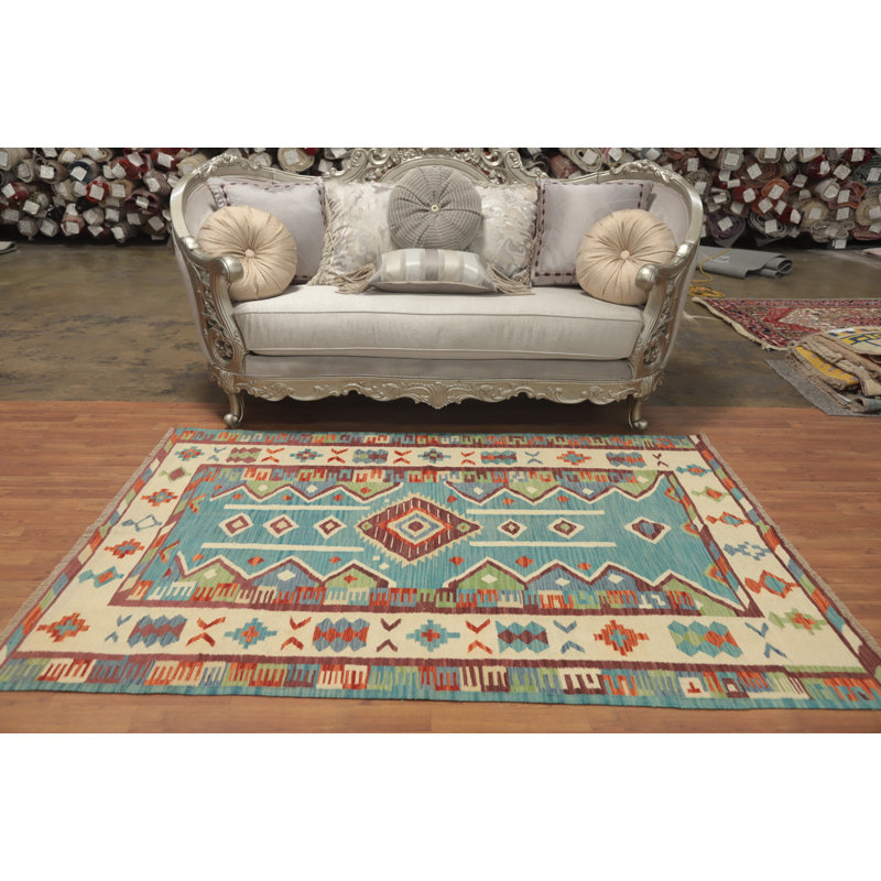 Tapis kilim bleu clair à tissage plat 5 x 7