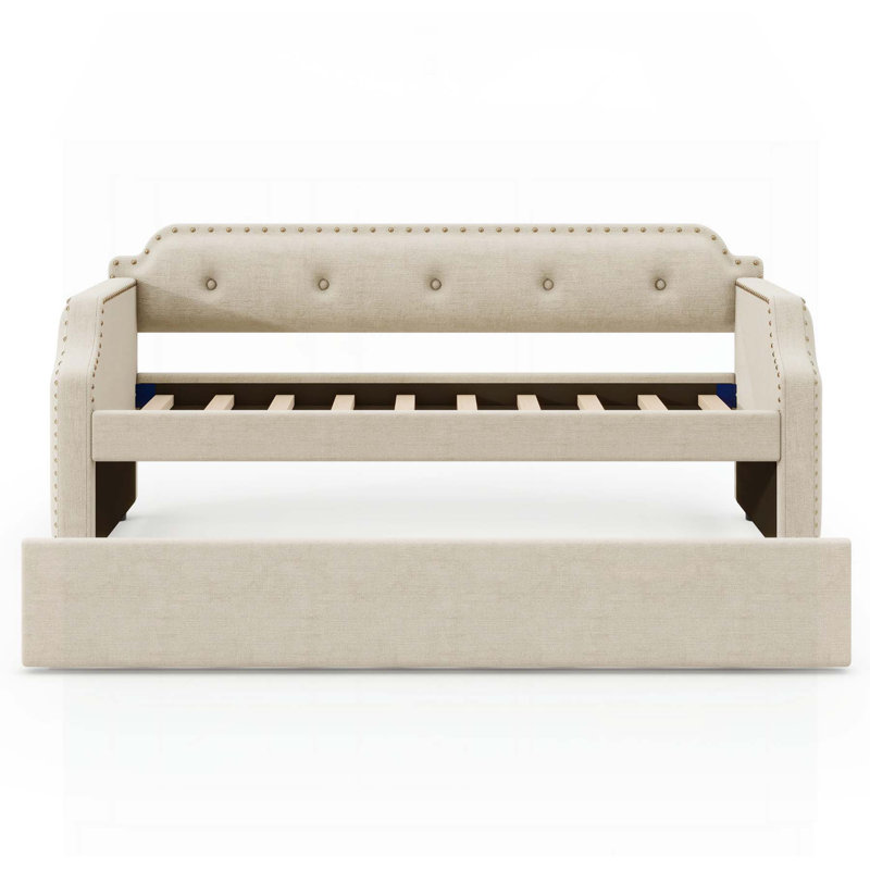 Versatile Upholstered Daybed with Trundle and Wood Slat Support, Ideal for Guest Rooms and Living Spaces, Offering Multiple Functions
