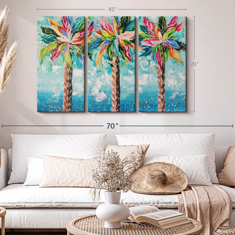 «Colorful Palms», 3 pièces sur toile, H 28 po x l 45 po x P 1,25 po