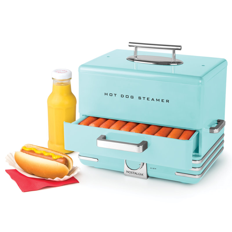 Nostalgia Hot Dog Steamer and Bun Warmer - Cooks 20 Dogs, Warms 6 Buns, and Steams Pot Stickers, Veggies, & Appetizers or Toppings - Aqua