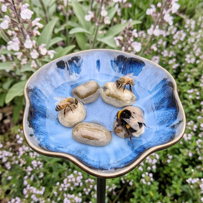 Abreuvoir en céramique émaillée avec piqueur et jardin d'insectes floraux, bleu