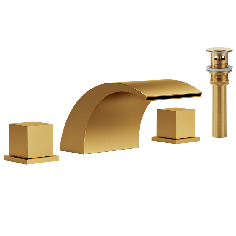 8 in. Widespread Bathroom Faucet 3 Hole, 2-Handle Waterfall Deck Mount Bathroom Sink Faucet with Drain Assembly, Brushed Gold